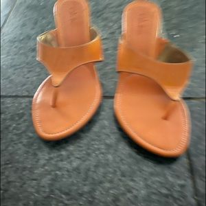 Orange patent, small heel, flip flops
